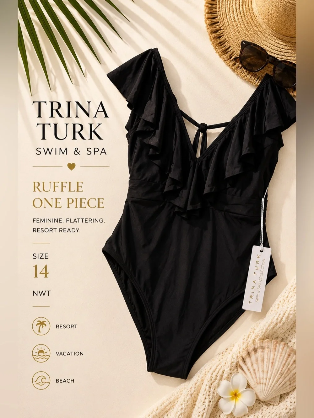 Trina Turk Swim & Spa Black Ruffle One Piece Swimsuit Size 14 NWT